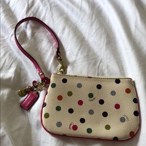 White Coach wristlet with colorful polka dots